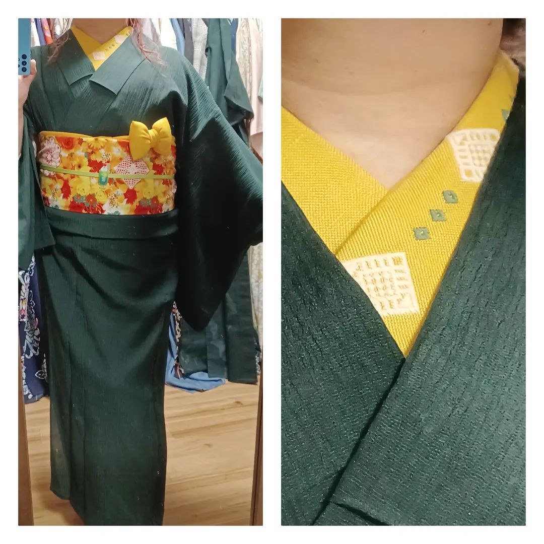 こんな感じになりました〜👘
渋かっこいい夏着物ですが、ビタミンカラーで元気な感じに👍  半衿：ハルコギ(@harcogui )
半幅帯、帯揚げ：Berry工房(@berry_koubou )  #飾屋 #リサイクル着物 #着物好き #着物好きな人と繋がりたい #リサイクル着物屋 #着物屋 #普段着着物 #キモノ #きもの #kimono #大須商店街 #着物コーディネート #着物コーデ